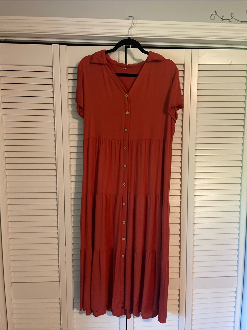 Tiered Button-Front Midi Dress in Rust